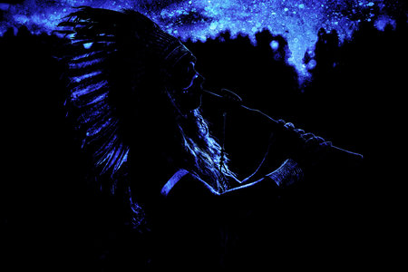 beautiful shamanic girl playing on shaman flute in the nature. Painting effect.