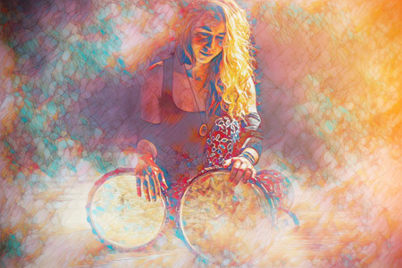 beautiful young girl playing on djembe and mosaic structure.