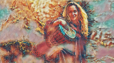 detail shamanic girl playing on drum in the nature.. Painting effect.の写真素材