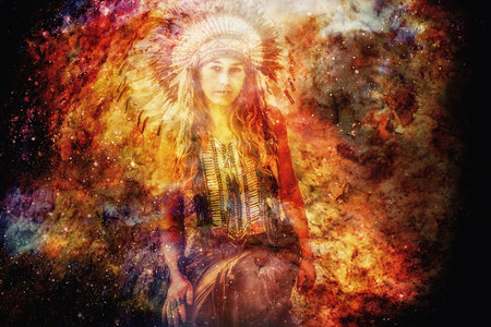 beautiful shamanic girl on abstract structured space background.