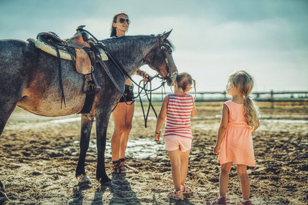 girl trains horse on a beautiful summer day.