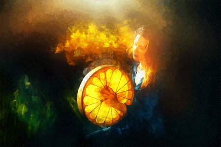 shamanic girl playing on drum in the nature.. Painting effect.の写真素材