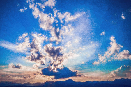 Beautiful landscape at sunset. Painting effect.