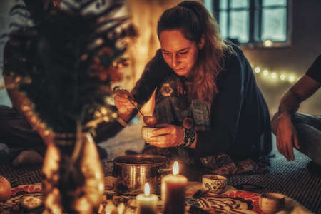 Cacao ceremony, heart opening medicine.の写真素材