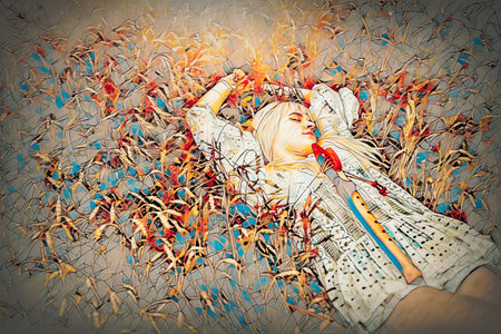 girl playing on shaman flute in the nature. Painting effect.