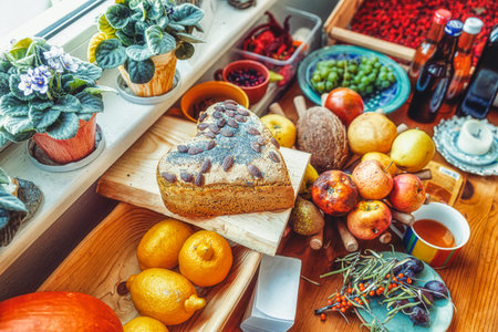 bread shaped srdca with mandle and poppy seeds.の写真素材