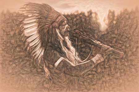 beautiful shamanic girl playing on shaman flute in the nature and drawing efect.の写真素材
