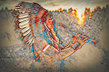 beautiful shamanic girl playing on shaman flute in the nature and mosaic structure.の写真素材