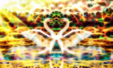 Lake with white swans and mosaic structure.の写真素材