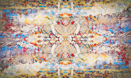 Lake with white swans and mosaic structure.の写真素材