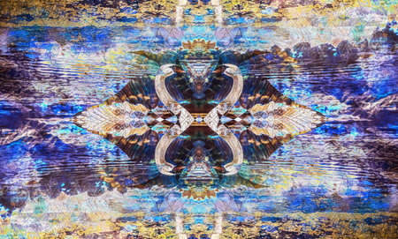 Lake with white swans and mosaic structure.の写真素材