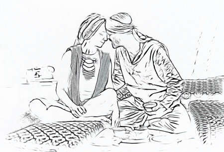 couple in love at the teahouse, Painting effect.の写真素材