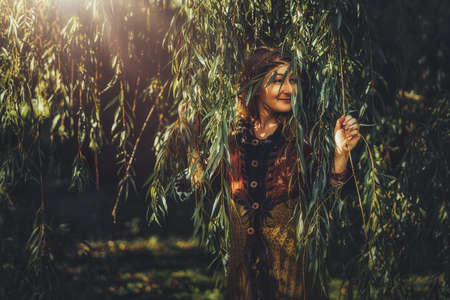 beautiful shamanic woman in the nature.の写真素材