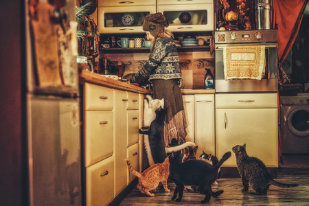 Cat and girl in the kitchen.