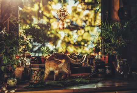 cat on the table in a beautiful rustic kitchen,
