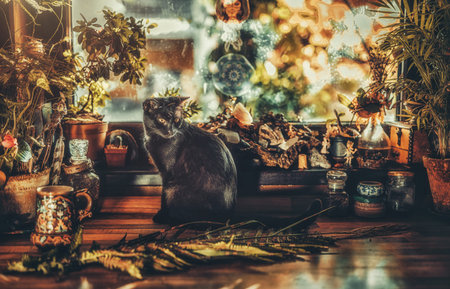 cat on the table in a beautiful rustic kitchen,
