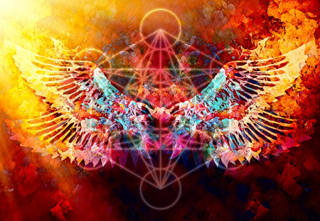 Merkaba and wing on abstract color background. Sacred geometry.の写真素材