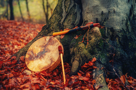 shaman drum and flute in forest on moss tree.の写真素材