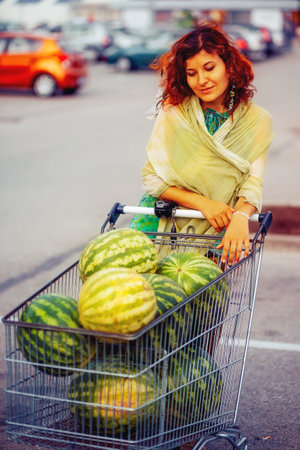 watermelons in the basket from the supermarket.の写真素材
