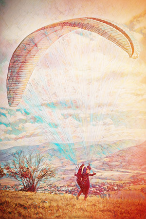 Paragliding in the mountains, paraglider on the ground and mosaic structure.の写真素材