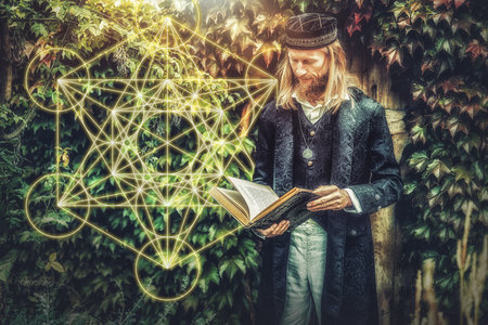 Alchemist in a beautiful ornamental dress in nature.の写真素材