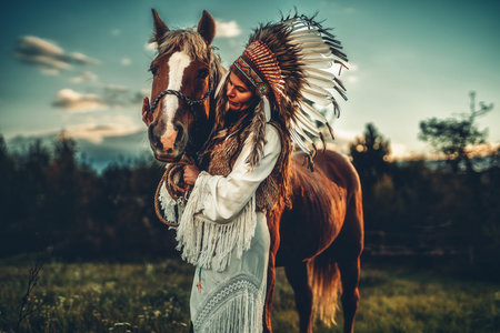Shaman woman in landscape with her horse.の写真素材