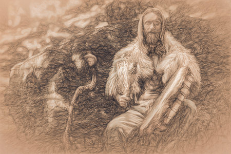 shamanic man playing on drum in the nature and drawing efect.