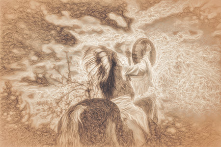 Shaman woman in landscape with her horse and drawing efect.の写真素材