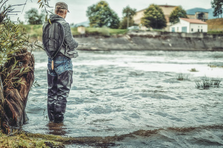 Fisherman with rod fishing on the river.