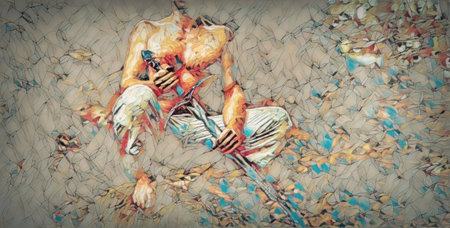 Shamanic man in the nature, Painting effect.
