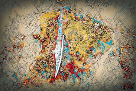 Magyc sword on mosse rock in forest. Painting effect.の写真素材