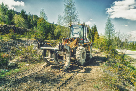 The harvester working in a forest.