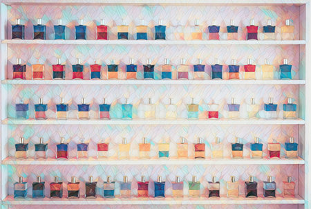 Group of color glass cosmetic bottles. Painting effect.