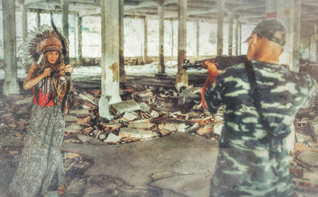 Airsoft svintageier and indian woman in the vintage industry building. Old photo effect.