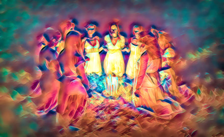Women at the night ceremony. Ceremony space. Painting effect.