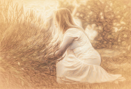 Woman collect lavender. Woman in the lavender field and drawing efect.の写真素材