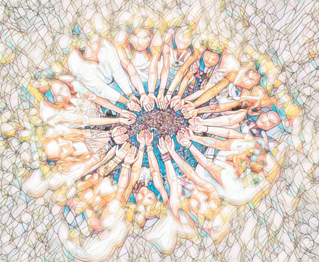 Hands of girls form a circle. Ceremony space. Painting effect.の写真素材