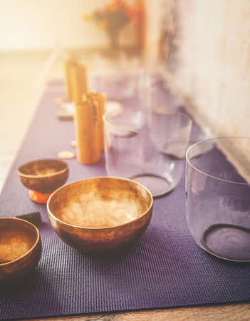 Beautiful crystal and tibetan bowl and koshi.の写真素材