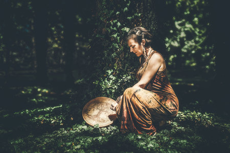 shamanic woman playing on shaman frame drum in the nature.の写真素材