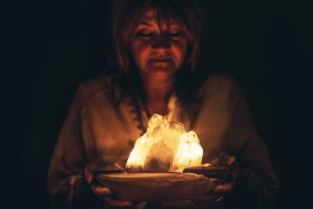 Woman holding a beautiful crystal in her hand, black background.