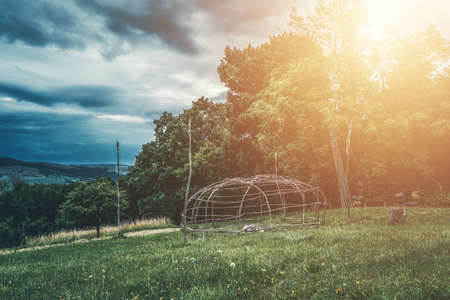 wooden skeleton made for indian sauna in open landscape.の写真素材