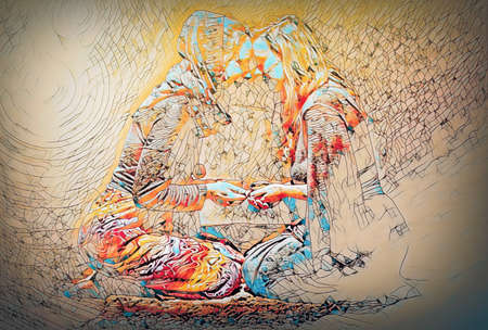 Cacao ceremony, heart opening medicine. Ceremony space. Painting effect.の写真素材