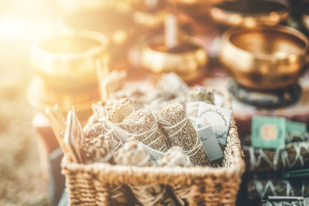 bunch of white sage on the table, Tibetan capes in the background.の写真素材