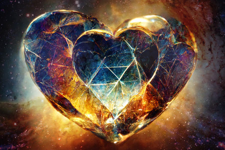 Beautiful crystal heart in the cosmic space.