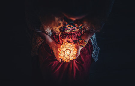 beautiful meditating woman with lotus candle in her hand.の写真素材