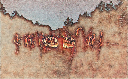 men dancing at night by the fire, man ceremony.の写真素材