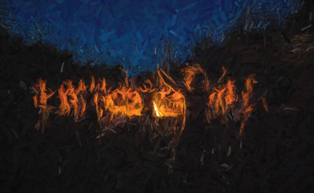 men dancing at night by the fire, man ceremony.の写真素材