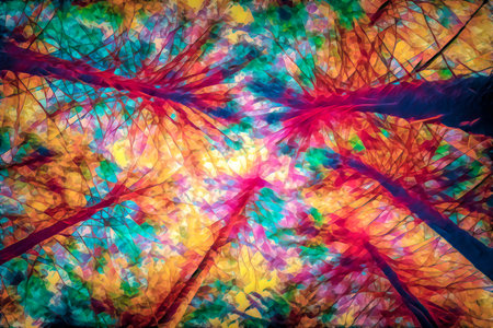 forest scenery of spruce trees, view from below. Painting effect.の写真素材