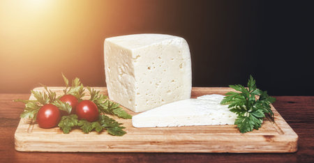 handmade rural cheese on a wooden board with vegetable decoration on meadow background.