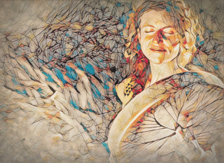 beautiful shamanic girl playing on shaman frame drum in the nature. Painting effect.の写真素材